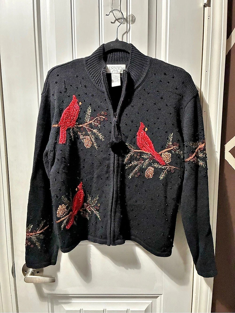 Annex Petite Embroidered Bird Cardigan in Black & Red Size Medium